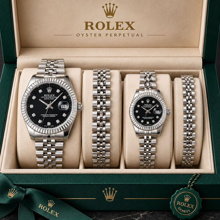 ست لاکچری ساعت و دستبند طرح Rolex Datejust زنانه و مردانه