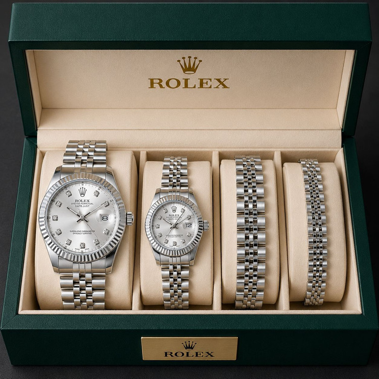 ست لاکچری ساعت و دستبند طرح Rolex Datejust زنانه و مردانه