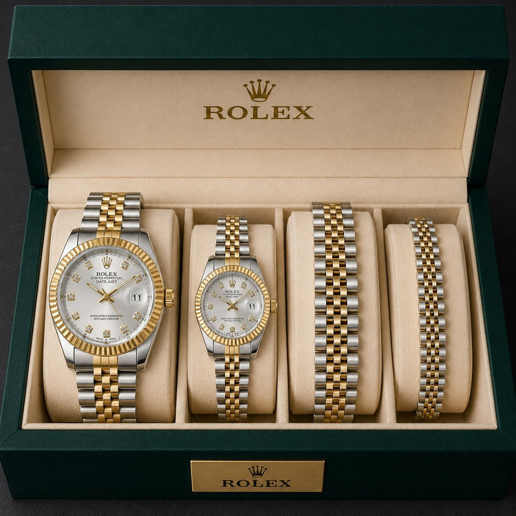 ست لاکچری ساعت و دستبند طرح Rolex Datejust زنانه و مردانه