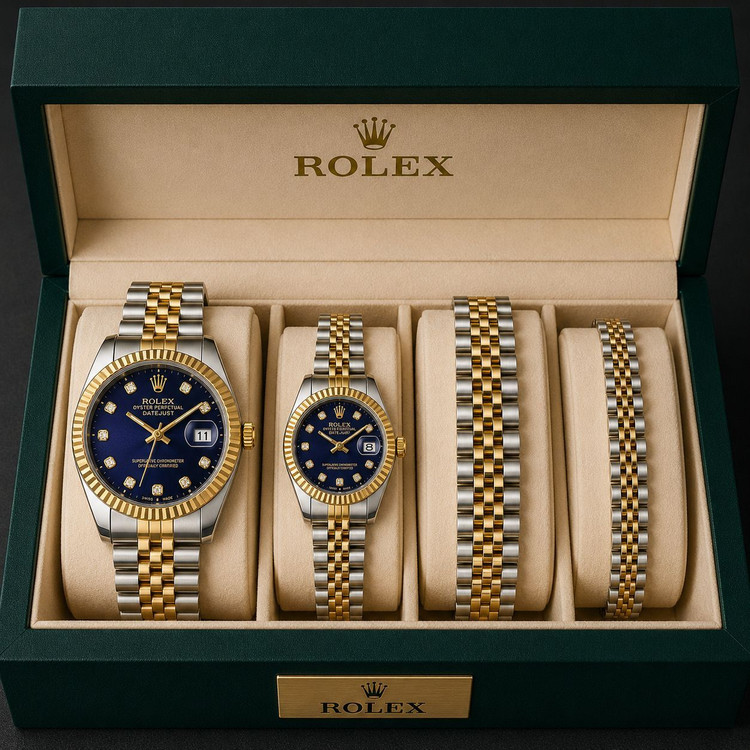 ست لاکچری ساعت و دستبند طرح Rolex Datejust زنانه و مردانه