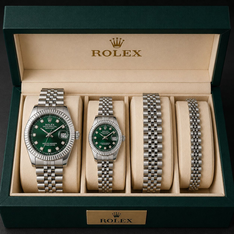 ست لاکچری ساعت و دستبند طرح Rolex Datejust زنانه و مردانه