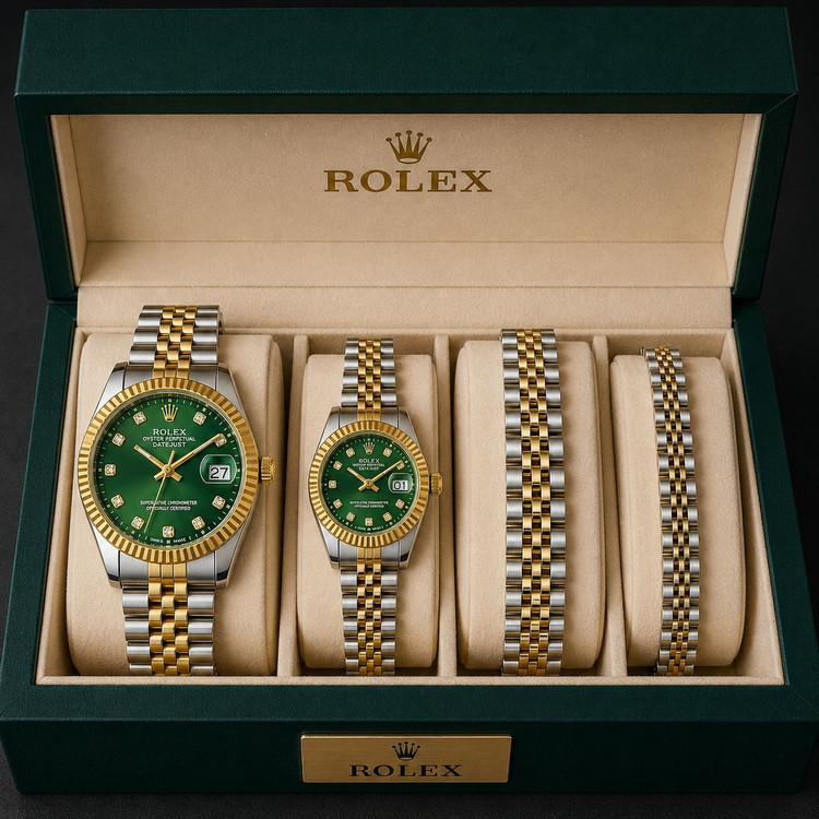 ست لاکچری ساعت و دستبند طرح Rolex Datejust زنانه و مردانه