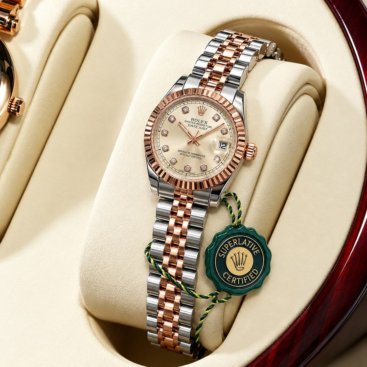 ساعت مچی زنانه رولکس مدل دیتجاست (Rolex Datejust) بند دورنگ قاب رزگلد